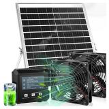 Solar-Powered Exhaust Fan with Battery & Smart Sensing â 25W Solar Panel, 2 * 4.7\" Fans, 3 Modes, IP65 Waterproof | Ideal for Chicken Coop, Dog House, Shed, Greenhouse, Outside - Retail: $60