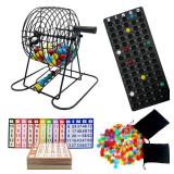 JUNWRROW Deluxe Bingo Game Set-Includes Bingo Cage,600 Colorful Bingo Chips with a Bag,100 Mixed Bingo Cards,75 Calling Balls with a Bag,Plastic Master Board-Ideal for Large Groups, Parties - Retail: 