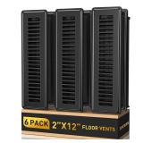 BYEWIRE 2x12 Floor Register 6-Pack, Heavy Duty Steel Floor Vent Covers, Adjustable Quiet Airflow Vent Grill, Rust-Proof Black Finish 2 inch by 10 Inch HVAC Vents for Floor/Sidewall - Retail: $40