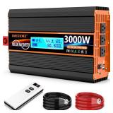 3000 Watt Pure Sine Wave Power Inverter 12V DC to 110V 120V Converter for Family RV Off Grid Solar System Car with Type-C Ports 4 AC Power Outlets Dual USB Ports LCD Display Wireless Remote Control - 
