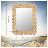 Fiwochic Large Scalloped Water Hyacinth Wall Mirror 23\" x 17\" Decorative Natural Rattan Wall Wavy Mirror with Authentic Rattan Frame for Bathroom, Living Room, Entryway Decor - Retail: $50