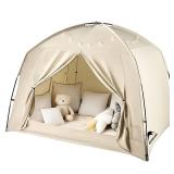 Bed Tents for Kids and Adult, Portable 100% Breathable and 93% Blackout Dream Play Tent, 3 Doors Big Privacy Space Sleeping Canopy for Indoor Floor or Twin Full Queen Sizes Bed (Khaki, Queen- Size) - 