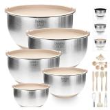 Deedro Premium Mixing Bowls with Airtight Lids Set, 22Pcs Thicker Stainless Steel Mixing Bowl Set, Large Prep Metal Bowls, Non-Slip Silicone Base Nesting Bowls for Kitchen, 1.5/2/3/4/5 QT, Khaki - Ret