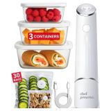 Chef Preserve Compact Vacuum Sealer for Food (Vacuum Sealer Machine + 3 Glass Vacuum Containers + 30 Reusable Vacuum Bags) Powerful Handheld Vacuum Seal Machine, Seal Meal Saver, Portable Food Sealer 