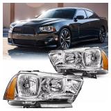 OE Style Headlight Assembly Set For 2011 2012 2013 2014 Dodge Charger R/T SE SRT8 SXT Plus Persuit Sedan Replacement Headlamps Chrome Housing Amber Reflector Driver&Passenger Side CH2503232 CH2502232 
