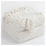 LONG CREATE Throw Blanket for Couch, White Luxury Knitted Throws 50\"x60\", Textured Blankets with Handmade Fringe Tassels for Bed Sofa Decorative, Chunky Soft Farmhouse Boho Home Decor
