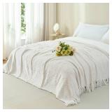 LONG CREATE Throw Blanket for Couch, White Luxury Knitted Throws 50\"x60\", Textured Blankets with Handmade Fringe Tassels for Bed Sofa Decorative, Chunky Soft Farmhouse Boho Home Decor