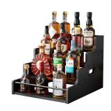 KLM Liquor Bottle Display Shelf, Coffee Syrup Rack Organizer, 4 Step Countertop Liquor Wine Rack, mini bar,liquor cabinet, Home Retro Bar Shelf Stand for Liquor Whiskey, (Black)