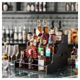 KLM Liquor Bottle Display Shelf, Coffee Syrup Rack Organizer, 4 Step Countertop Liquor Wine Rack, mini bar,liquor cabinet, Home Retro Bar Shelf Stand for Liquor Whiskey, (Black)