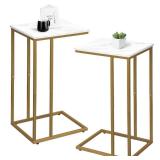 Possile C Shaped End Table Set of 2, Small Side Table for Sofa and Bed, Couch Tables That Slide Under, Snack Side Table for Living Room, Bedroom, White Faux Marble and Gold