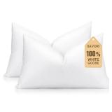 SAVORI Set of 2 Down and Feather Throw Pillow Inserts 12x20 Soft Fluffy Pillow Inserts with 100% Down-Proof Cotton Cover, Decorative Square Cushion Inner for Sofa Couch Bed-White