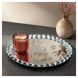 Okuna Outpost Crystal Bead Round Mirror Tray for Bathroom Decor - 12-inch, Silver, Modern - Perfume Organizer & Jewelry Display, Home Decor Accent for Vanity, Living Room Tables & Office
