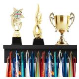 Threehoney Wooden Medal Hanger Display Trophy Holder Shelf with 25/37/49/65/83 Hooks Wall Mount Ribbon Holder Gift for Gymnastics Running Soccer Awards(1.3ft/16inch,Black Shelf Golden Hooks)