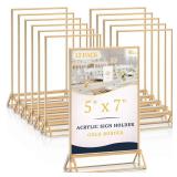 EHWINE 12 Pack Acrylic Sign Holder 5 x 7, Double Sided Gold Picture Frame Stand up Table Top Sign Holders, Clear Display Stand Menu Flyer Holder for Wedding Party (Provide Non-slip Mats)