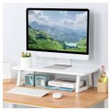 TEAMIX 24 inch Monitor Stand Riser, White Wood & Steel Computer Monitor Stand with Storage, Laptop, PC, Printer Stand Riser for Desktop Office Desk Organizers