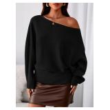 PRETTYGARDEN Women Off The Shoulder Sweater 2026 Fall Trendy Long Batwing Sleeve Knit Pullover Going Out Tops Winter Clothing (Black,Medium)