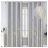 Estelar Textiler Light Grey Blackout Curtains 108 Inches Long, Gold Palm Tree Pattern Light Gray Curtains, Light Blocking Thermal Insulated Grommet Window Drapes for Bedroom, 52Wx108L, 2 Panels