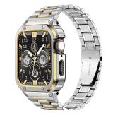 MioHHR Stainless Steel Watch Band with Case Compatible with Apple Watch Series 9/8/7(45mm),Rugged Strap with Metal Protective Bumper Cover for iWatch Band Men(Silver/Gold)