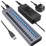 90W Powered USB Hub - ACASIS 16 Ports USB 3.0 Data Port, Aluminum Housing, Individual On/Off Switches, 12V/7.5A Power Adapter, USB Splitter for Laptop, PC, Computer, Printer