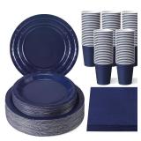 Tioncy 200 Pcs Navy Blue Disposable Paper Plates Cups and Napkins Party Supplies Serve 50 Guests Disposable Paper Dinnerware Set for Birthday Wedding Baby Shower Family Picnic