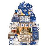 CroBlissful 23 Pcs Winter Tiered Tray Decor Snowman Farmhouse Decor Christmas Tiered Sign Winter Table Centerpieces Snowman Wood Blocks Signs for Home Shelf, Without Tray(Blue,Snow)