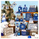CroBlissful 23 Pcs Winter Tiered Tray Decor Snowman Farmhouse Decor Christmas Tiered Sign Winter Table Centerpieces Snowman Wood Blocks Signs for Home Shelf, Without Tray(Blue,Snow)