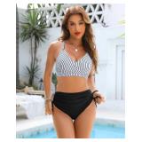 Blooming Jelly Womens High Waisted Bikini Sets Tummy Control Swimsuit Striped Bathing Suit Swimwear (Medium, Black)