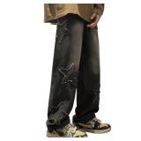 HBER Mens Y2k Star Jeans High Waisted Hip Hop Streetwear Jeans Loose Baggy Embroidery Aesthetic Harajuku Denim Pants Black