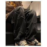 HBER Mens Y2k Star Jeans High Waisted Hip Hop Streetwear Jeans Loose Baggy Embroidery Aesthetic Harajuku Denim Pants Black