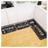 Sinmoe 3 Pcs Kitchen Rug Set Non Skid Thick Black Kitchen Rugs and Mats Stain Resistant Anti Fatigue Mats for Microfiber Floor Non Slip Backing Mat, 15.7\" x 47.2\", 15.7\" x 23.6\"