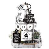 FairySandy Set of 11 Home Tiered Tray Decor Spring Welcome Rustic Farmhouse Tiered Tray Decorations Set Home Wooden Signs Vintage Farm Animal Farmhouse Tabletop Wood Sign for Kitchen Table Shelf Decor