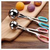 Meatball Maker, 2 PCS None-Stick Meatball Maker with Detachable Anti-Slip Handles, Stainless Steel Meat Baller Tongs, Cake Pop Roller, Ice Tongs, Cookie Dough Scoop for Kitchen (1.38\"&1.78\")