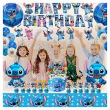 53 Pcs Blue Party Supplies, Birthday Decorations Set Include Banner, Balloons, Hanging Swirls, Cake Toppers, Tablecloth for Cartoon Theme Party