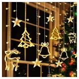Attmu Christmas Window Lights, 120 Led Christmas Curtain Lights with 8 Modes, 9.84 Ft Tree Bell Deer Star Lights Xmas Decorations for Bedroom Wall Window Indoor Outdoor Party Decor