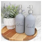 Cornucopia Brands 16oz Gray Pump Bottles (2-Pack); Gray Coated Glass Soap Dispenser Pump Bottles for Lotion, Hand Care & Liquid Soap