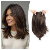 Megito Hair Topper 12inch Clip in Synthetic Hair Toppers for Women with Thinning Hair Layered 6.5\"X6.5\" Big Base Toppers Hair Pieces for Women Natural Look Medium Brown with Highlights