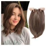 Ms Taj 12 Inch Hair Topper for Women with Thinning Hair, 6.5\"x6.5\" Large Base Synthetic Hair Topper with Bangs, Ladies-Dark Golden Brown with Highlights