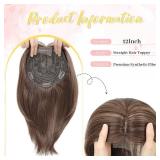 Ms Taj 12 Inch Hair Topper for Women with Thinning Hair, 6.5\"x6.5\" Large Base Synthetic Hair Topper with Bangs, Ladies-Dark Golden Brown with Highlights