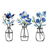 KIROYAL 3 Pcs Metal Vase Wall Arts,Iron Art Painting,Rustic Farmhouse Decor Minimalist Flower Wall Decor for Bedroom Bathroom Living Room Dining Room(Blue, Vase-D)
