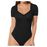 MANGOPOP Sweetheart V Neck Bodysuits for Women Long Short Sleeve Body Suits Tops Shirt, Short Sleeve Black, Medium