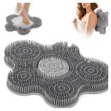 Shower Foot Scrubber Mat Silicone Back Exfoliating Cleaner, Feet Message Bath Washer Pad with Suction Cups for Wall Non-Slip - Itchy Toes Dead Skin Beauty Deep Clean Soft Bristles 14.2 * 11.2in Grey