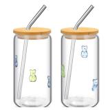 Honeydak 2 Pcs Bear Icon Juice Glass Tumbler with Lid & Straw - 18 oz Candy Bear Drinking Glasses Coffee, Beer, Soda, Juice Cups for Halloween Christmas Party Supplies Gifts