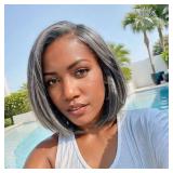 Belaved 10 Inch Grey Salt & Pepper Bob Wigs Human Hair for White Women 13x4 HD Lace Front Wig Human Hair Pre Plucked Pre Cut Glueless Straight Silky Short Bob Wigs with Baby Hair