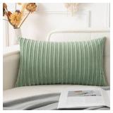 UGASA 12x24 Inch Pillow Cover Pack of 1 Soft Boho Stripe Corduroy Long Rectangular Lumbar Cushion Cover Farmhouse Decorative Throw Pillowcase for Bed, Couch, Sofa, Bedroom, Living Room, Sage Green
