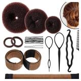 WILLBOND Hair Bun Shaper Set, 3 Pcs Hair Donut, 2 Pcs Bun Marker, 4 Pieces Ponytail Tool, 10 Pieces Bobby Pins and 2 Elastic Bands, Hairs Styling Accessories Maker Kit for Women(Brownï¼