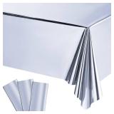 Tatuo 3 Pieces Foil Party Rectangular Table Covers Table Cloth 54 x 108 Inch Shiny Plastic Waterproof Tablecloth Party Desk Cover for Wedding Anniversary Engagement (Silver)