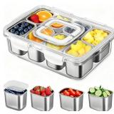 kidinit Snackle Box Container, Stainless Steel Divided Serving Tray with Lid and Handle, Large Snack Tray for Fruit Veggie Candy, 8-Compartment Snack Platter for Travel Party Beach Picnic