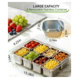 kidinit Snackle Box Container, Stainless Steel Divided Serving Tray with Lid and Handle, Large Snack Tray for Fruit Veggie Candy, 8-Compartment Snack Platter for Travel Party Beach Picnic