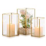 Nuptio Glass Hurricane Candle Holder Set of 3 Gold Pillar Candle Holders Large Rectangular Candleholder Table Centerpieces Decoration for Wedding Christmas Holiday Home Ornaments 9.5 & 8.1 & 6.5 inch
