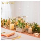 Nuptio Glass Hurricane Candle Holder Set of 3 Gold Pillar Candle Holders Large Rectangular Candleholder Table Centerpieces Decoration for Wedding Christmas Holiday Home Ornaments 9.5 & 8.1 & 6.5 inch